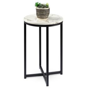 Round Cross Leg Design End Table with Faux Marble Top White/Matte Black