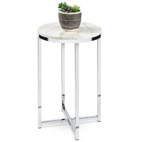 Round Cross Leg Design End Table with Faux Marble Top White/Chrome