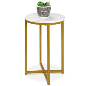 Round Cross Leg Design End Table with Faux Marble Top White/Gold