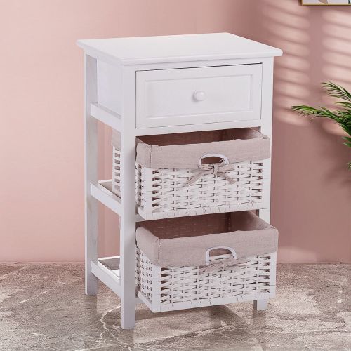 One Drawer Nightstand with Two Removable Baskets, Storage Bedside Table, Modern End Table with Tall Legs, Indoors, White One Drawer Nightstand with Two Removable Baskets, Storage Bedside Table, Modern End Table with Tall Legs, Indoors, White