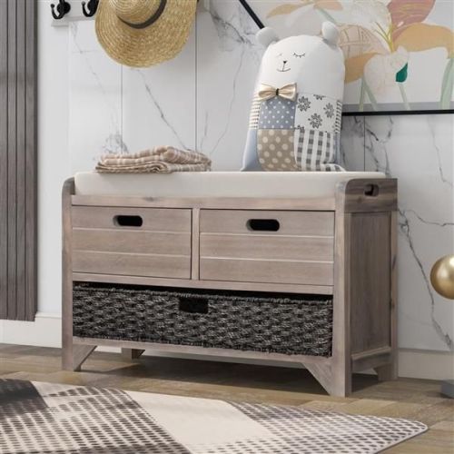 Storage Bench with Removable Basket and 2 Drawers, Fully Assembled Shoe Bench with Removable Cushion (White Washed) Storage Bench with Removable Basket and 2 Drawers, Fully Assembled Shoe Bench with Removable Cushion (White Washed)