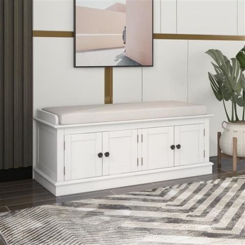 Storage Bench with 4 Doors and Adjustable Shelves, Shoe Bench with Removable Cushion for Living Room, Entryway (White) Storage Bench with 4 Doors and Adjustable Shelves, Shoe Bench with Removable Cushion for Living Room, Entryway (White)