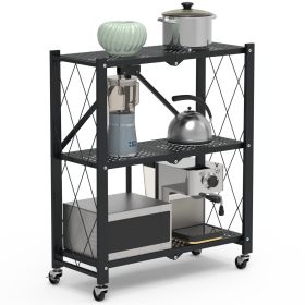 3-Tier Foldable Storage Shelf With Lockable Wheels No Assembly Rolling Utility Shelf Heavy Duty Collapsible Organizer Rack For Kitchen Living Roo