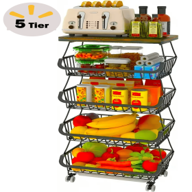 4/5/6 Tier Fruit Basket for Kitchen Organizers and Storage,with Solid Wood Top,Stackable Metal Wire Basket Stand Cart with Wheels for Fruit Veget (size: large)